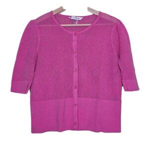 Bianca Nygard Cardigan Womens XL Hot Pink SS Button Up Round Neck Boho Open Knit